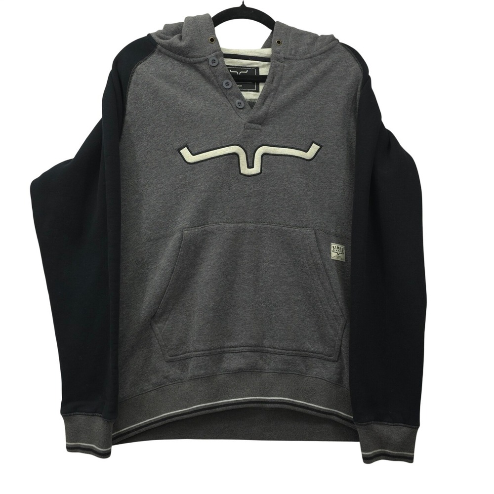 Kimes Ranch Mens Hoodie Grey Black Colorblock Henley Longhorn Logo Sweatshirt L